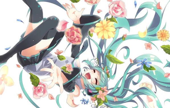 Картинка девушка, радость, цветы, аниме, арт, микрофон, vocaloid, hatsune miku