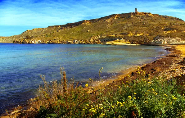 Картинка море, небо, скалы, башня, бухта, Malta, Мальта, Gnejna Bay