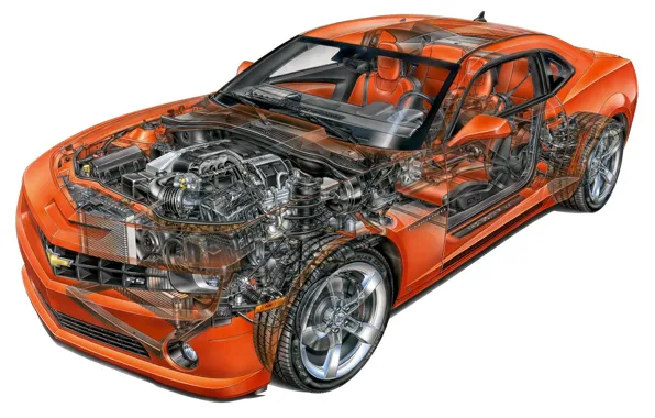 Картинка двигатель, оранжевая, Camaro SS, салон, coupe, 2009