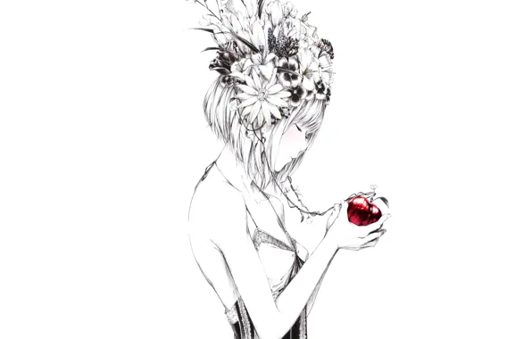 Цветы, рисунок, яблоко, Девушка, арт, Sawasawa