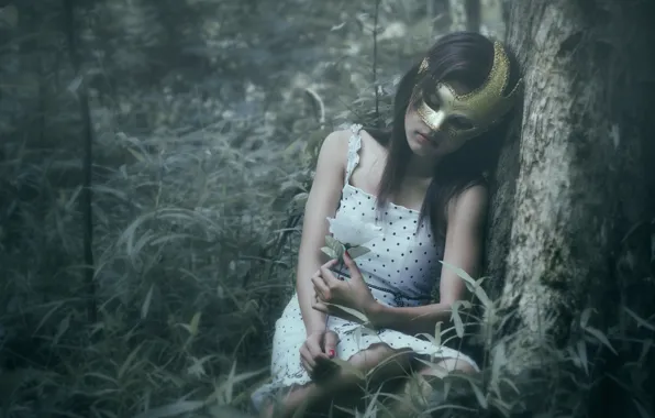 Картинка лес, девушка, одиночество, маска