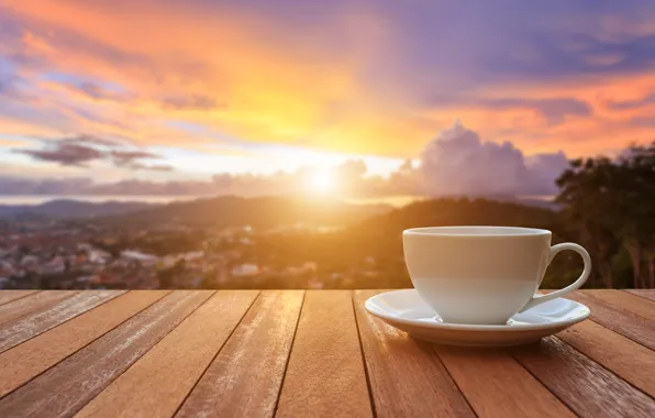 Картинка восход, кофе, утро, чашка, веранда, cup, sunrise, coffee
