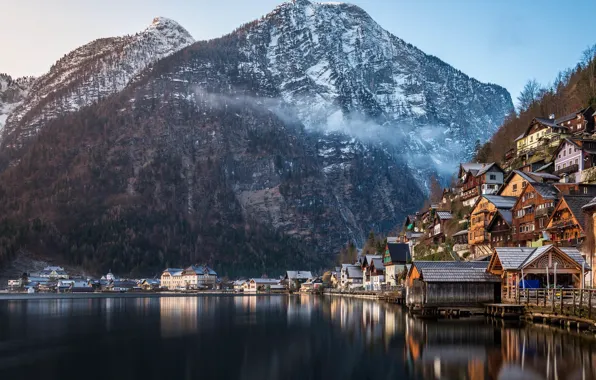 Картинка зима, лес, горы, природа, озеро, дома, Австрия, Альпы