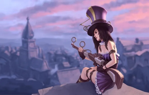 Картинка девушка, город, оружие, высота, шляпа, League of Legends