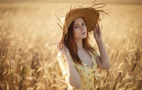 Картинка пшеница, Девушка, шляпа, платье, Сергей Сорокин, Дарья Костина