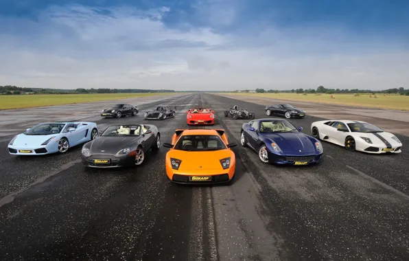 Картинка небо, Ferrari 599, суперкары, mixed, Ferrari F430 Spider, Aston Martin DBS, Supercars, Ariel Atom