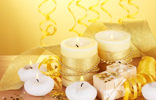 Ленты, золото, праздник, свечи, подарки, серпантин, звездочки