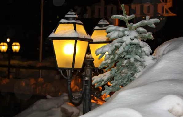 Картинка зима, снег, ночь, Альпы, фонарь, Канацеи
