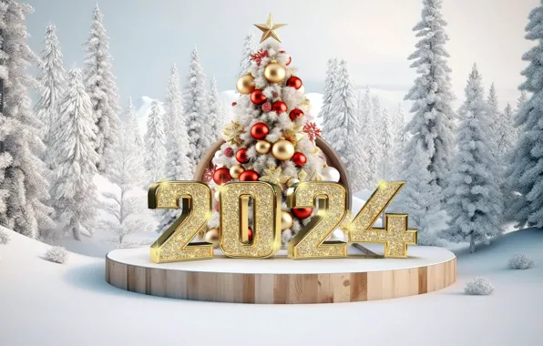 Картинка зима, снег, шары, елка, Новый Год, Рождество, цифры, golden