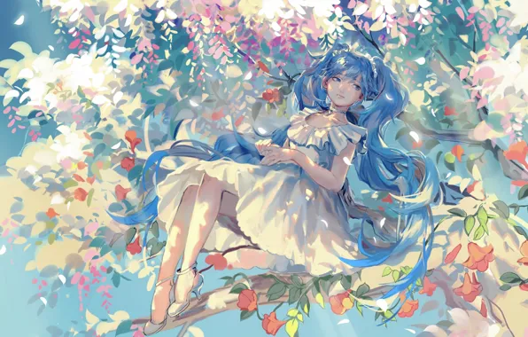 Картинка девушка, цветы, улыбка, дерево, ветви, аниме, арт, vocaloid