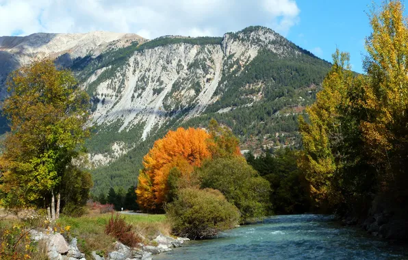 Картинка осень, деревья, горы, река, камни, Франция, солнечно, Val-des-Pres