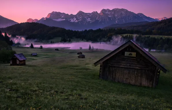 Пейзаж, горы, ночь, дома