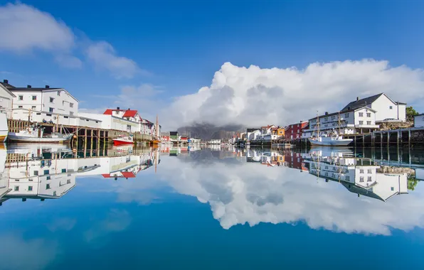 Небо, облака, отражение, дома, лодки, зеркало, порт, Норвегия