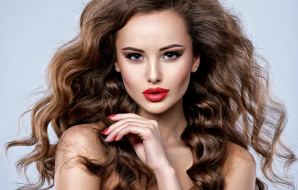 Девушка, лицо, рука, макияж, прическа, Beautiful, woman, локоны