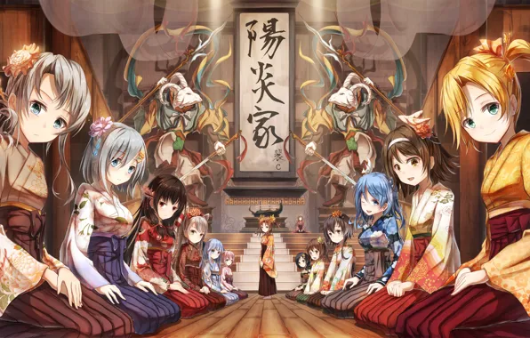 Иероглифы, храм, кимоно, алтарь, на коленях, сидят, церемония, Kantai Collection