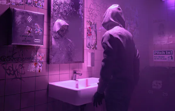 Отражение, будущее, зеркало, reflection, mirror, fantastic art, фантастический арт, purple-pink haze