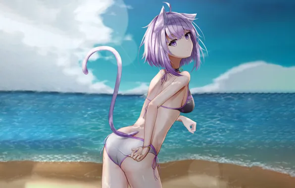 Girl, sexy, beach, sea, boobs, animal ears, anime, water