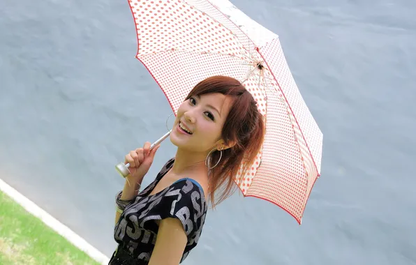 Взгляд, девушка, обои, серьги, зонт, азиатка
