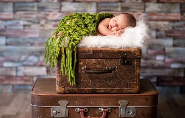 Ребенок, малыш, спит, чемодан, младенец, baby, kid, Sleep