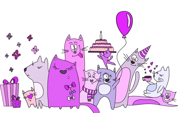 Бабочки, воздушный шар, коты, кофе, шарф, подарки, сердечки, торт