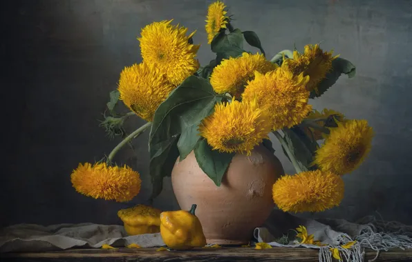 Листья, подсолнухи, цветы, стол, стена, полотенце, желтые, горшок