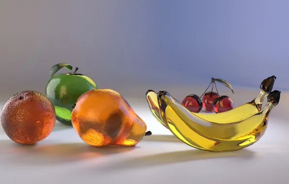 Картинка стекло, apple, яблоко, апельсин, бананы, груша, glass, вишни