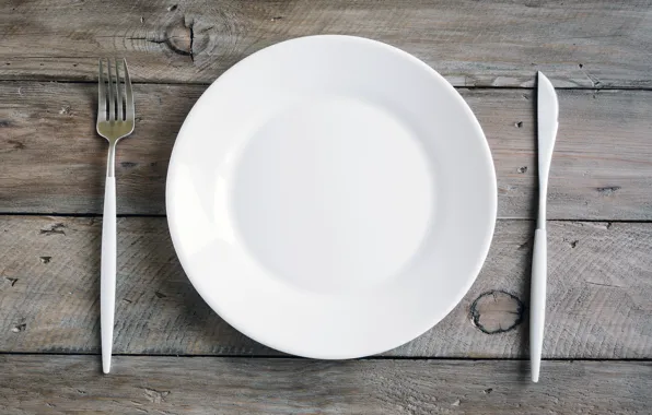 Plate, fork, knife, table