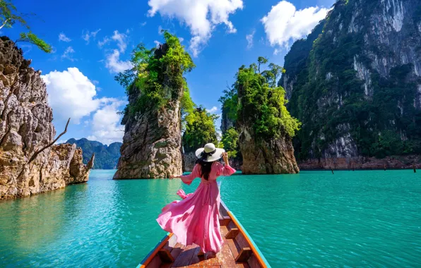 Картинка море, девушка, пейзаж, природа, скалы, лодка, Таиланд, залив