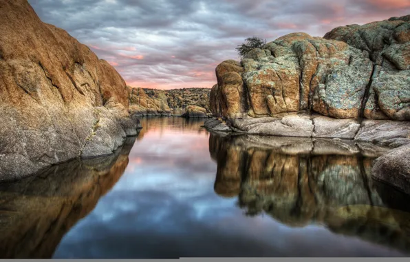 Вода, облака, природа, озеро, отражение, скалы, Аризона, США
