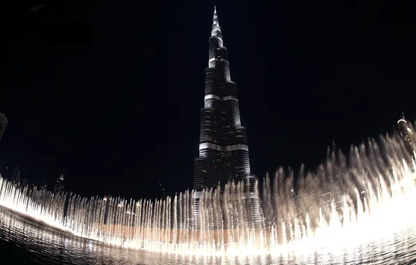 Картинка ночь, небоскреб, фонтан, Дубай, Dubai, night, Burj Khalifa, fountain