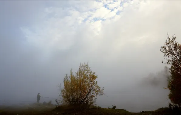 Пейзаж, природа, туман, река, рыбалка, рыбак, утро