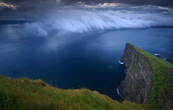 Облака, пейзаж, тучи, природа, океан, скалы, Фарерские острова, Фареры
