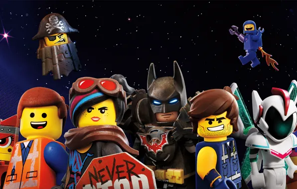 Картинка небо, фон, фантастика, мультфильм, звёзды, постер, персонажи, The Lego Movie 2: The Second Part