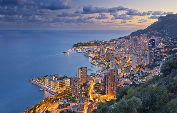 Море, побережье, панорама, ночной город, Monaco, Лигурийское море, Монако, Монте-Карло