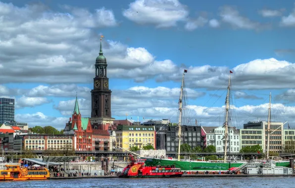 Картинка город, река, фото, дома, яхты, Германия, Гамбург