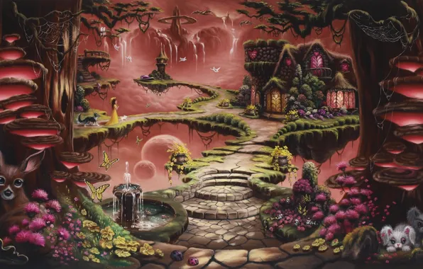 Картинка девушка, деревья, бабочки, закат, цветы, замок, грибы, башня