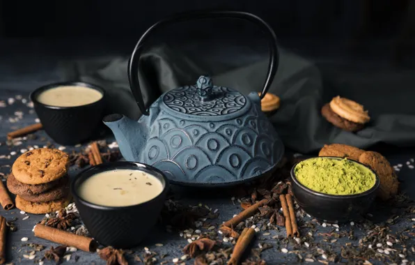 Чай, чайник, печенье, ткань, корица, какао, специи, матча