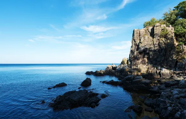 Море, небо, деревья, камни, скалы, берег, Дания, горизонт