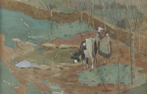 Рисунок, акварель, Женщина и корова в пейзаже, Frederick Carl Frieseke