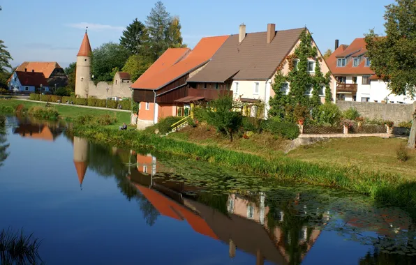 Небо, город, река, Германия, Бавария, Орнбау