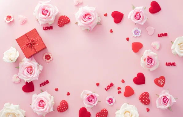 Цветы, надпись, Love, розы, сердечки