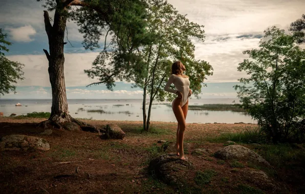 Море, деревья, пейзаж, природа, поза, камни, модель, макияж