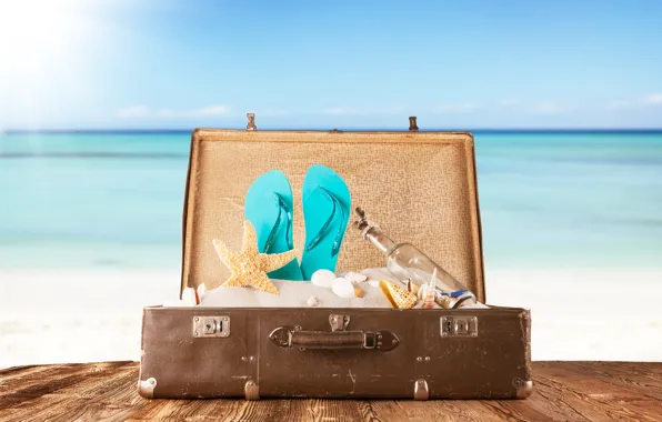 Песок, море, доски, бутылка, ракушки, чемодан, сланцы, морские звезды