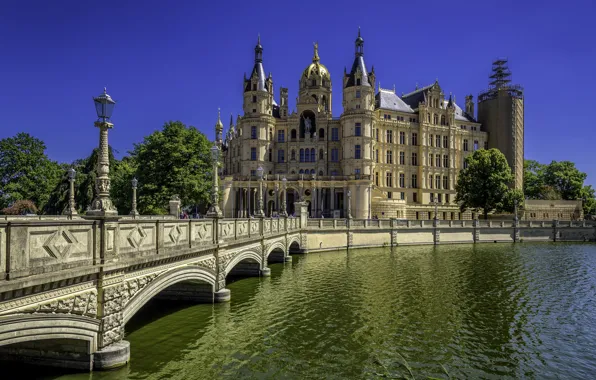 Картинка мост, река, Германия, Шверин, Schwerin Palace
