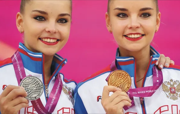 Спорт, пара, улыбки, красавицы, сёстры, художественная гимнастика, гимнастки, лучшие