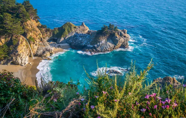 Море, скала, побережье, водопад, Калифорния, USA, Big Sur