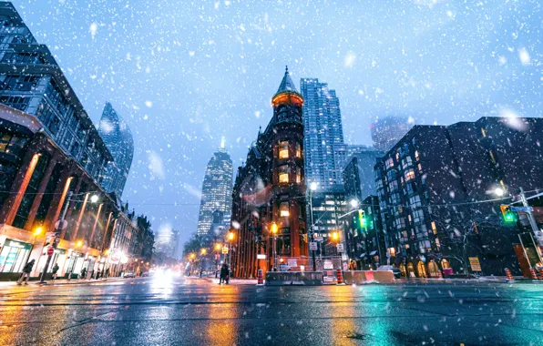 Картинка lights, люди, здания, Нью-Йорк, фонари, USA, США, снегопад