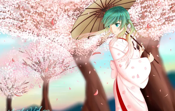 Картинка девушка, деревья, зонт, лепестки, сакура, арт, кимоно, vocaloid