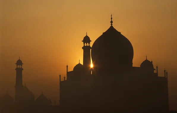 Картинка закат, Индия, Тадж-Махал, силуэт, мечеть, мавзолей, минарет, Агра