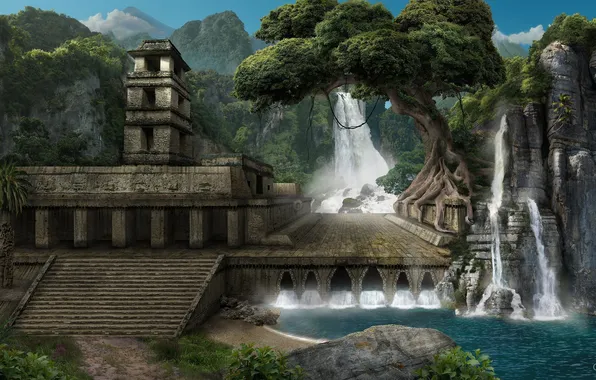 Картинка дерево, здание, арт, лестница, храм, руины, водопады